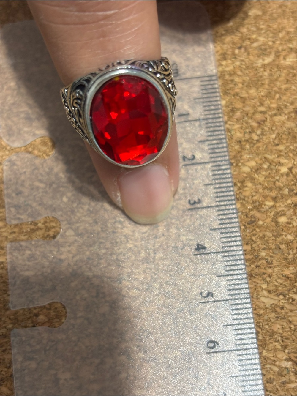 Vintage Gothic Style Oval Red Faceted Stone Silver Ring - Unbranded